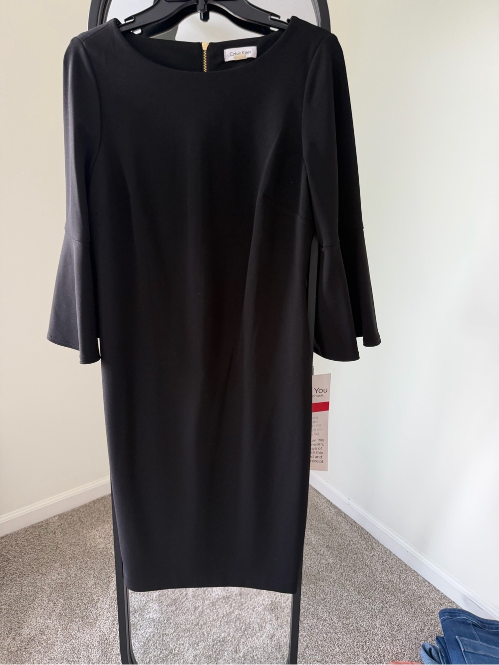 Calvin Klein Elegant Black Midi Dress with Gold Back Zip